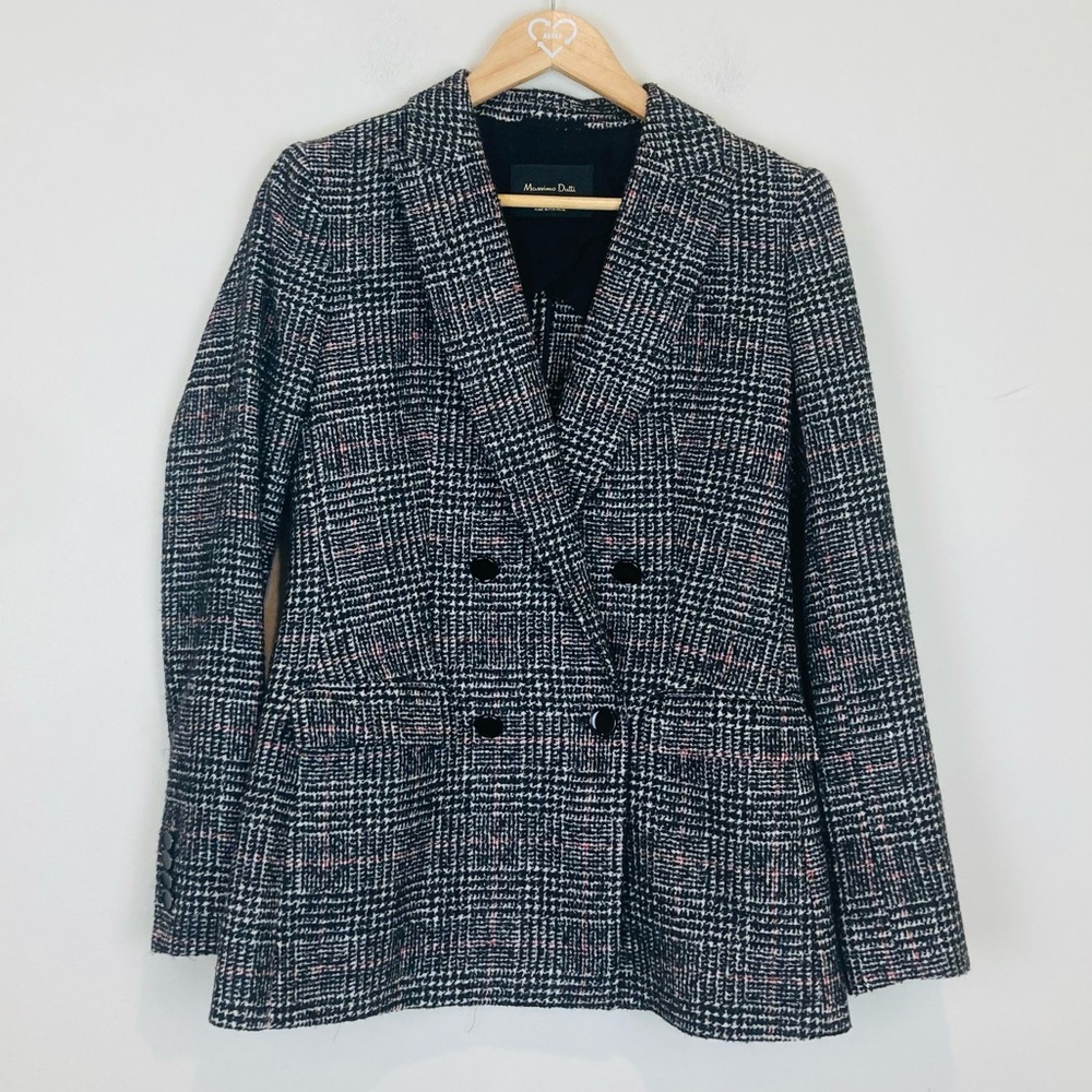 Massimo Dutti black gray and red plaid double breasted blazer. Size 6